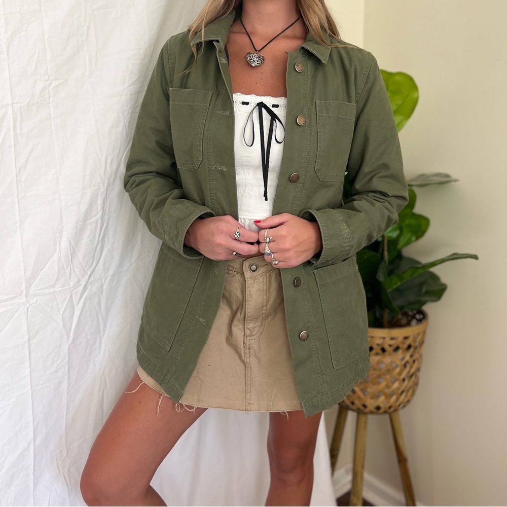 Vintage Olive Green Lined Utility Cargo Style Jacket